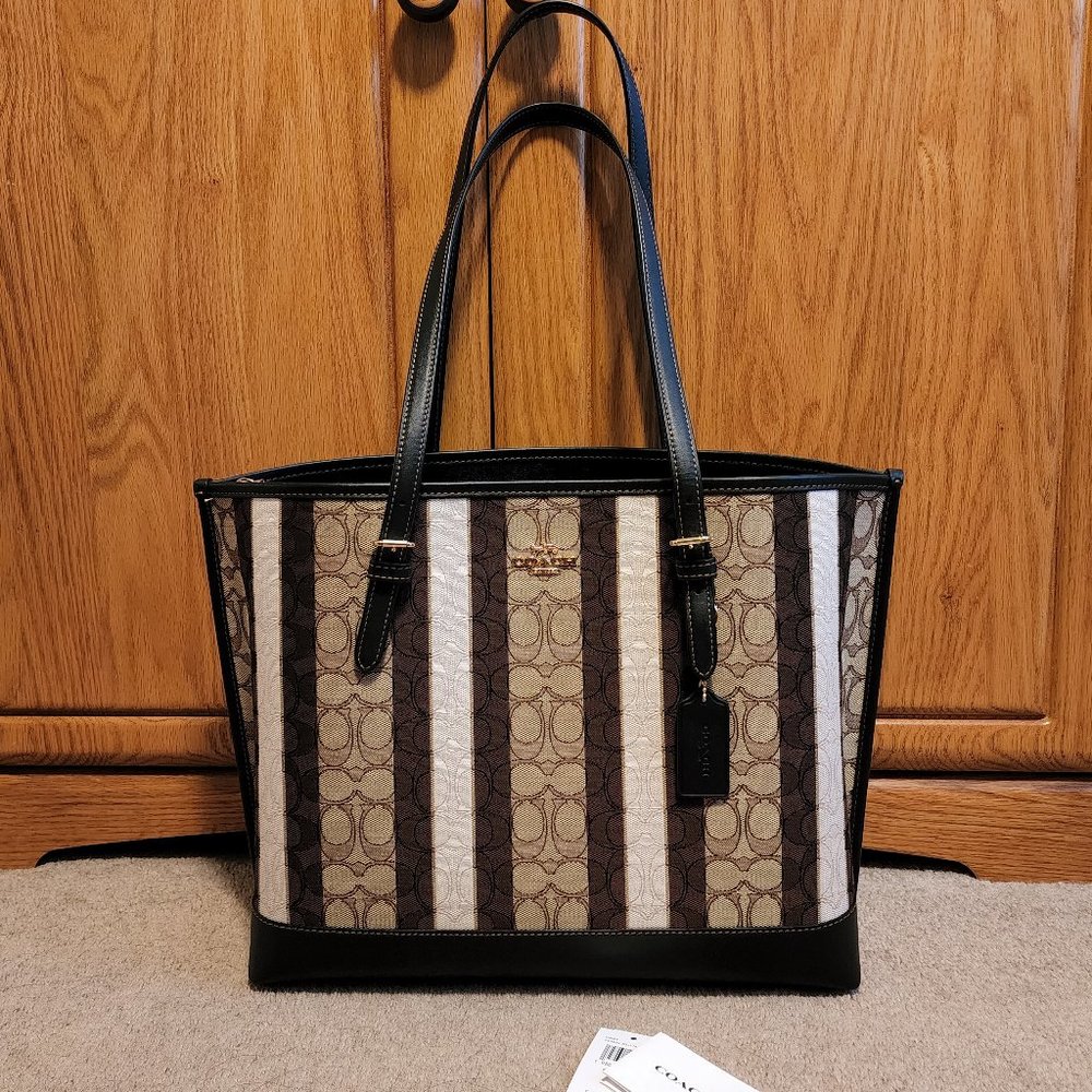 Coach Signature Stripe Tote in Brown, Beige, Black